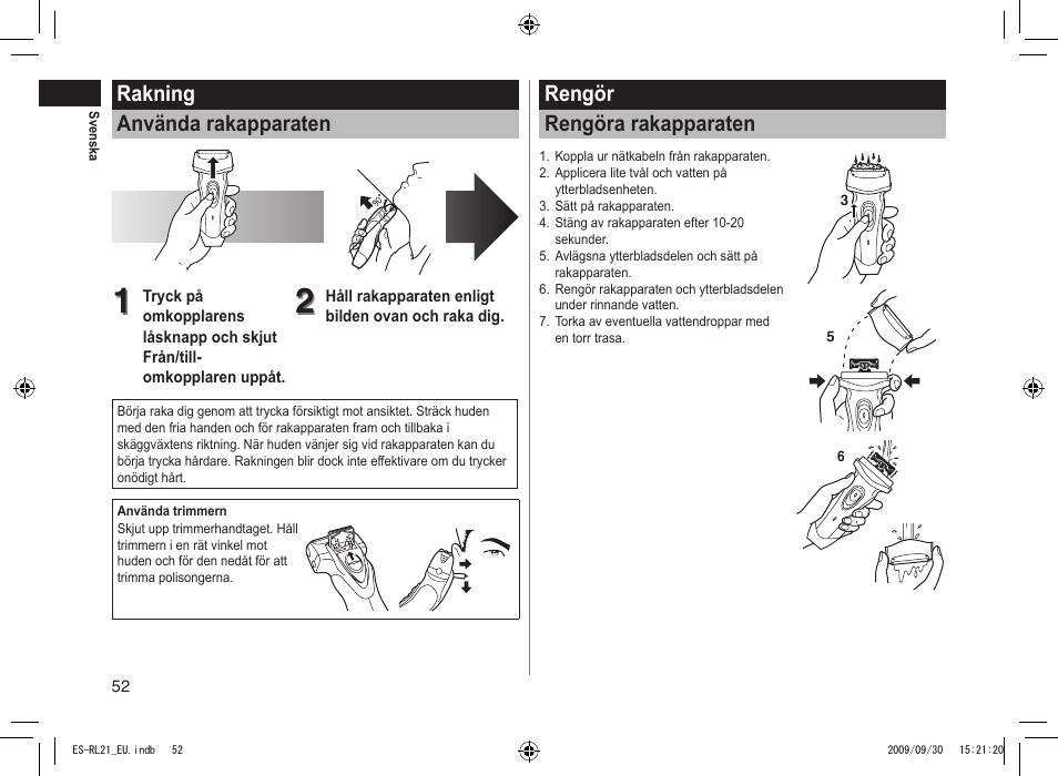 Rakning använda rakapparaten, Rengör rengöra rakapparaten | Panasonic ESRL21 User Manual | Page 52 / 92