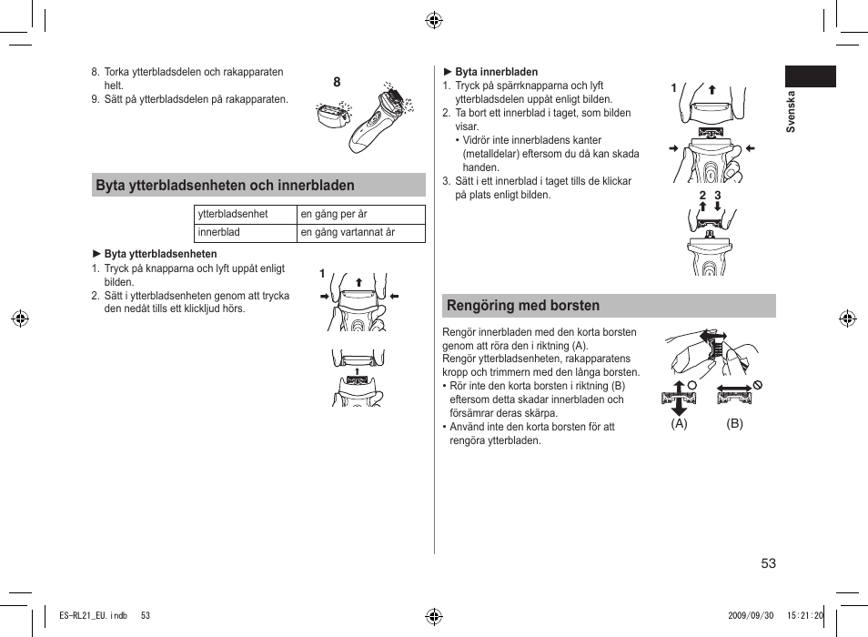 Byta ytterbladsenheten och innerbladen, Rengöring med borsten | Panasonic ESRL21 User Manual | Page 53 / 92