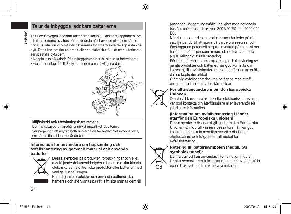 Ta ur de inbyggda laddbara batterierna | Panasonic ESRL21 User Manual | Page 54 / 92