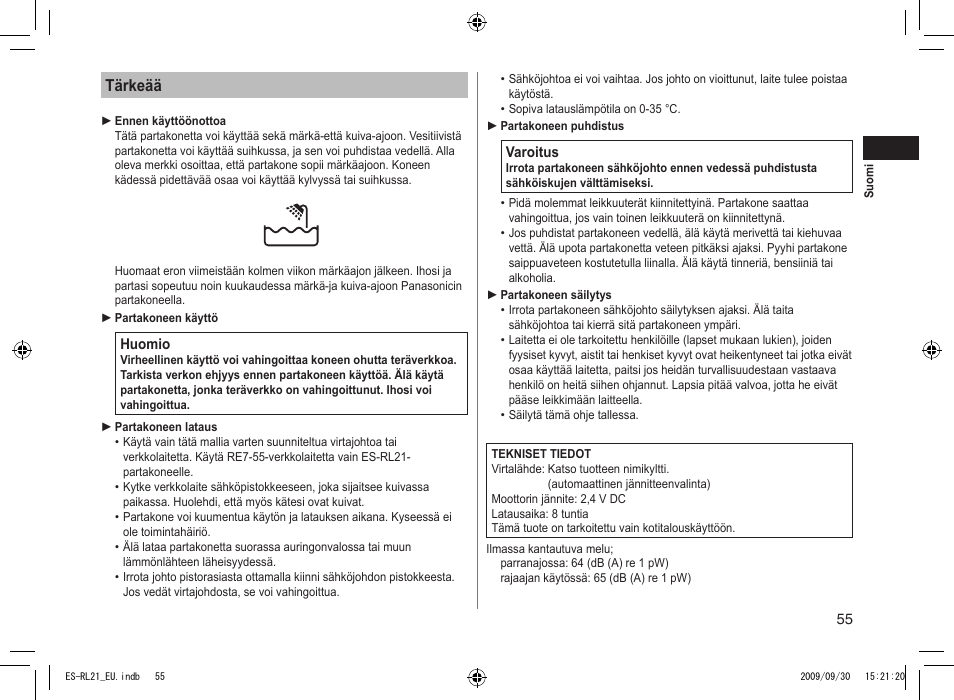 Tärkeää | Panasonic ESRL21 User Manual | Page 55 / 92