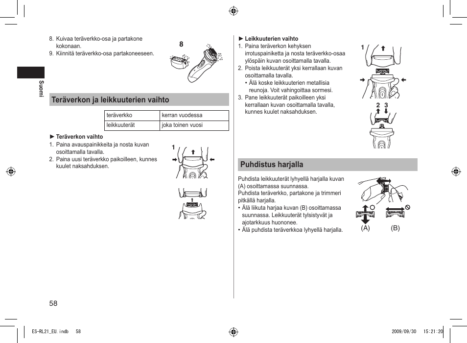 Teräverkon ja leikkuuterien vaihto, Puhdistus harjalla | Panasonic ESRL21 User Manual | Page 58 / 92