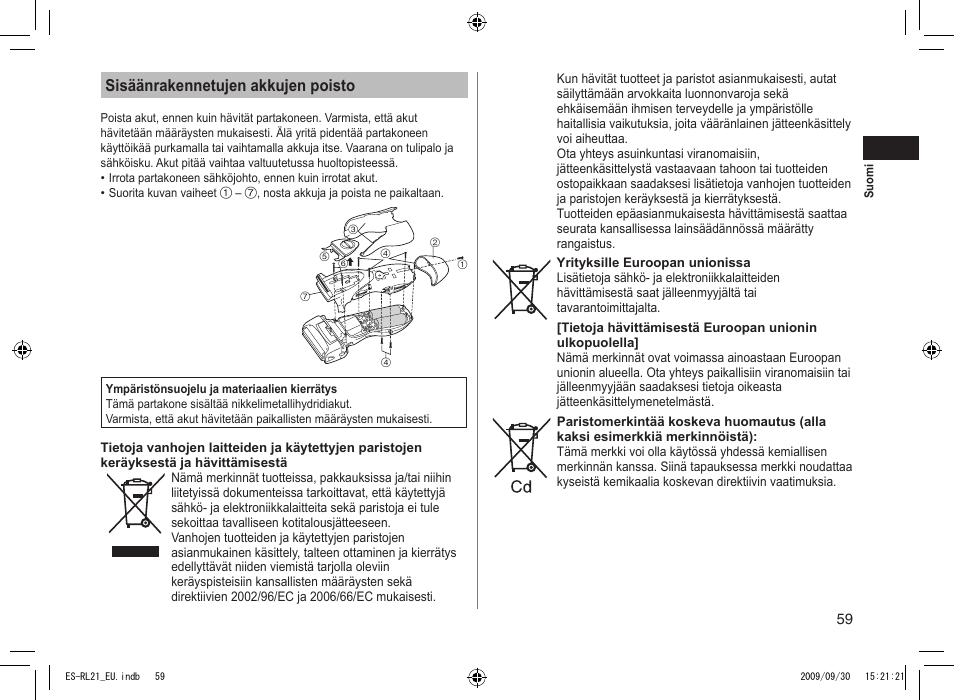 Sisäänrakennetujen akkujen poisto | Panasonic ESRL21 User Manual | Page 59 / 92