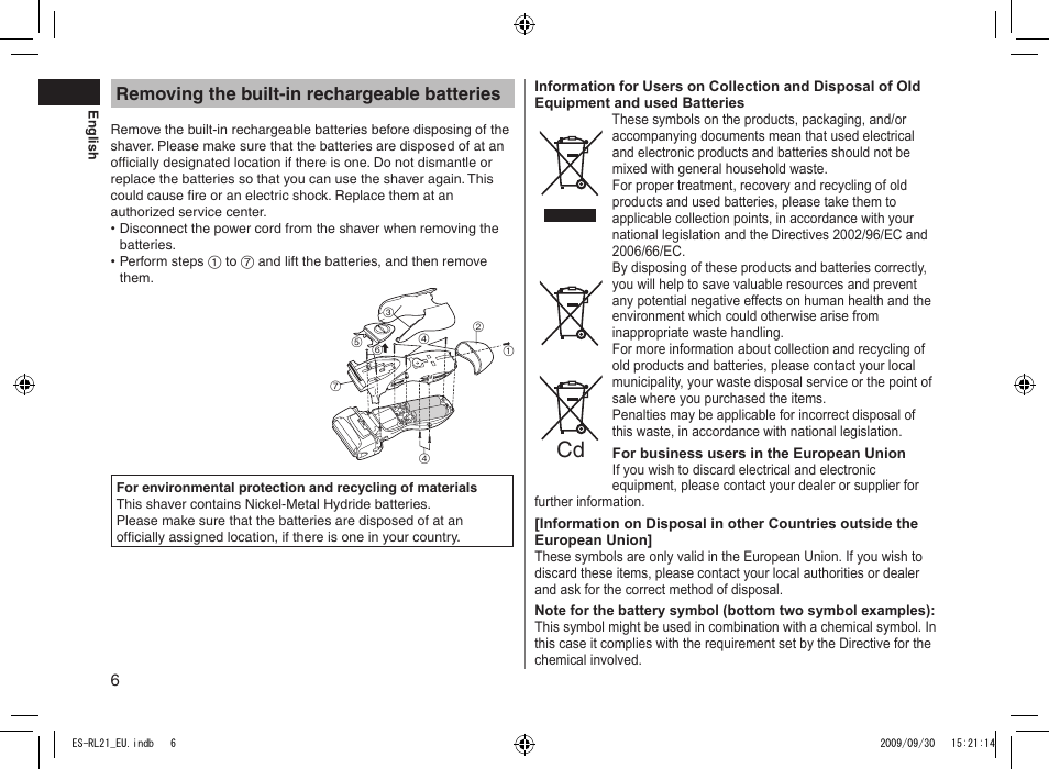 Removing the built‑in rechargeable batteries | Panasonic ESRL21 User Manual | Page 6 / 92