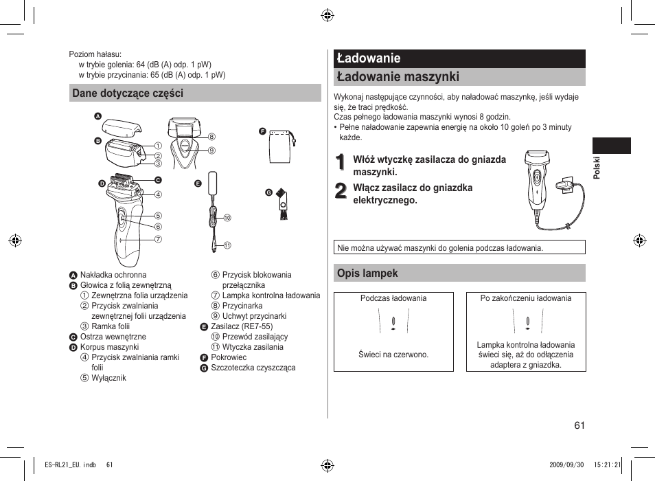 Ładowanie ładowanie maszynki | Panasonic ESRL21 User Manual | Page 61 / 92