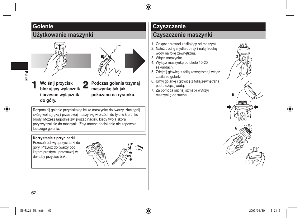 Golenie użytkowanie maszynki, Czyszczenie czyszczenie maszynki | Panasonic ESRL21 User Manual | Page 62 / 92