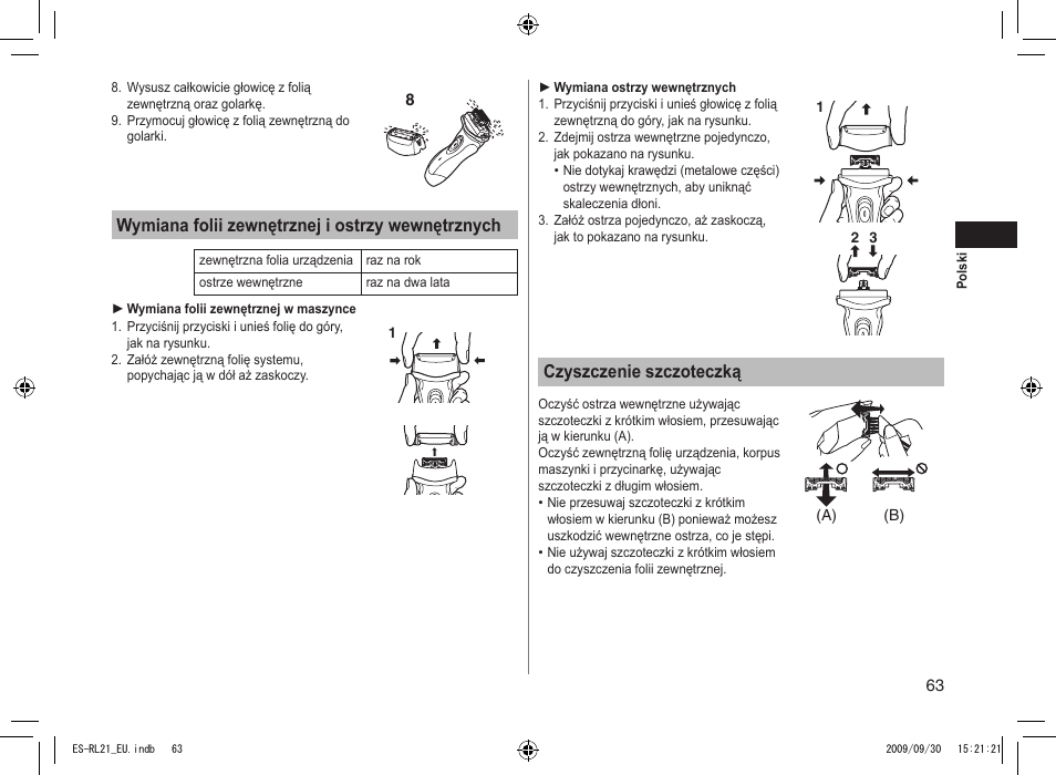 Wymiana folii zewnętrznej i ostrzy wewnętrznych, Czyszczenie szczoteczką | Panasonic ESRL21 User Manual | Page 63 / 92