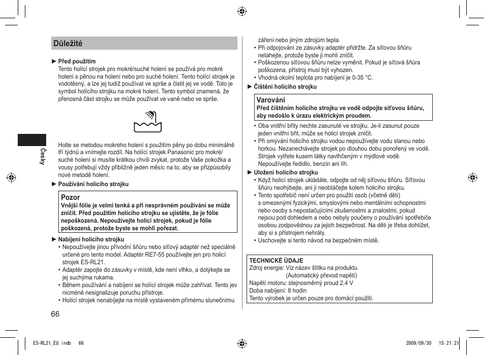 Důležité | Panasonic ESRL21 User Manual | Page 66 / 92