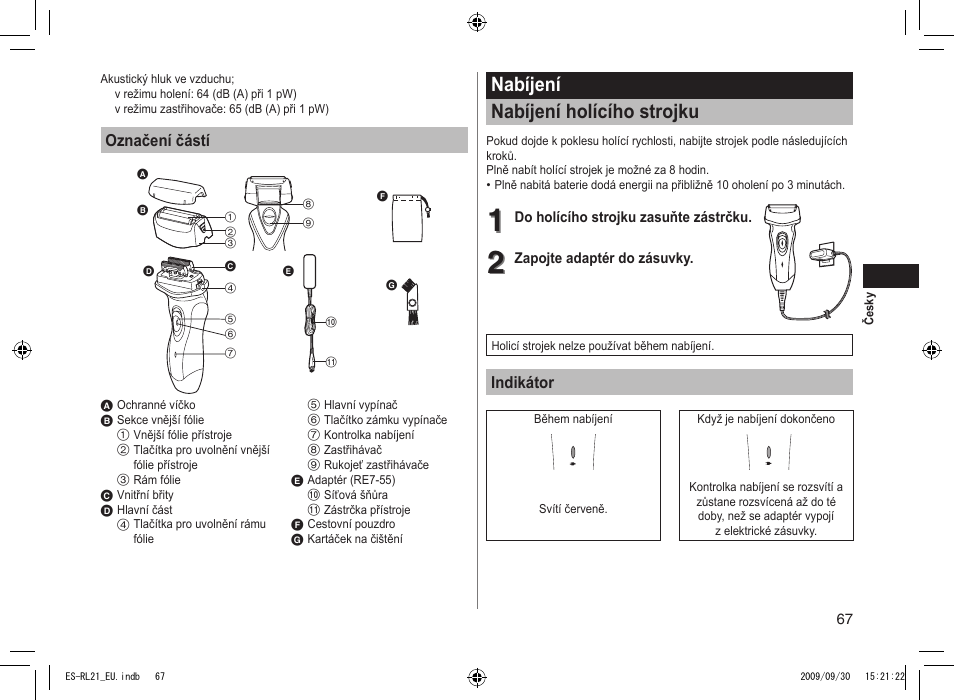 Nabíjení nabíjení holícího strojku | Panasonic ESRL21 User Manual | Page 67 / 92