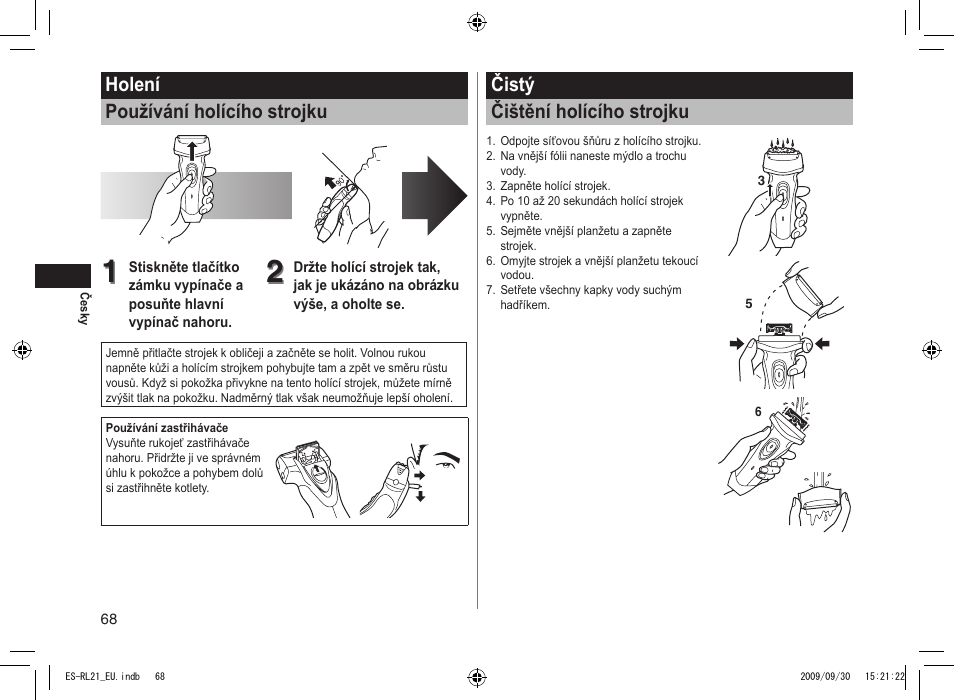 Holení používání holícího strojku, Čistý čištění holícího strojku | Panasonic ESRL21 User Manual | Page 68 / 92