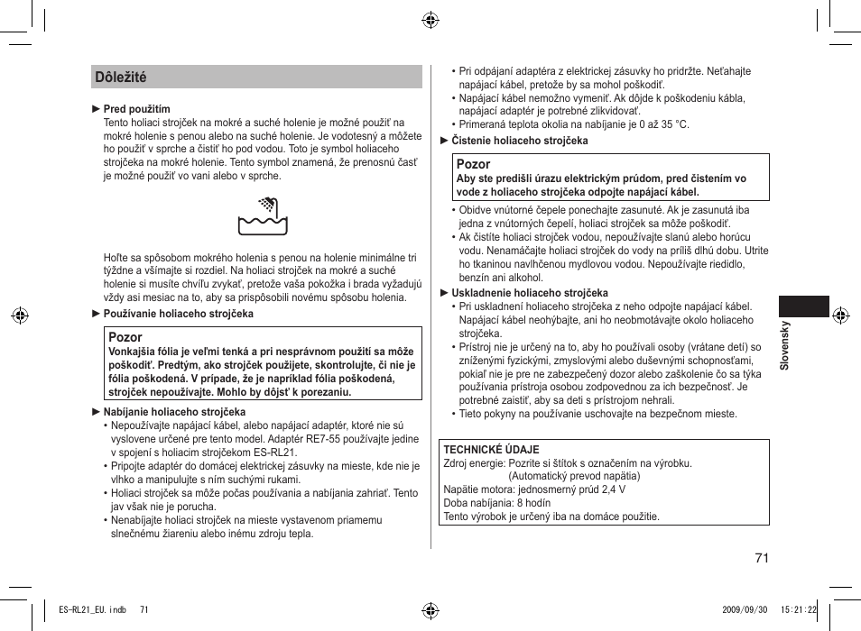 Dôležité | Panasonic ESRL21 User Manual | Page 71 / 92