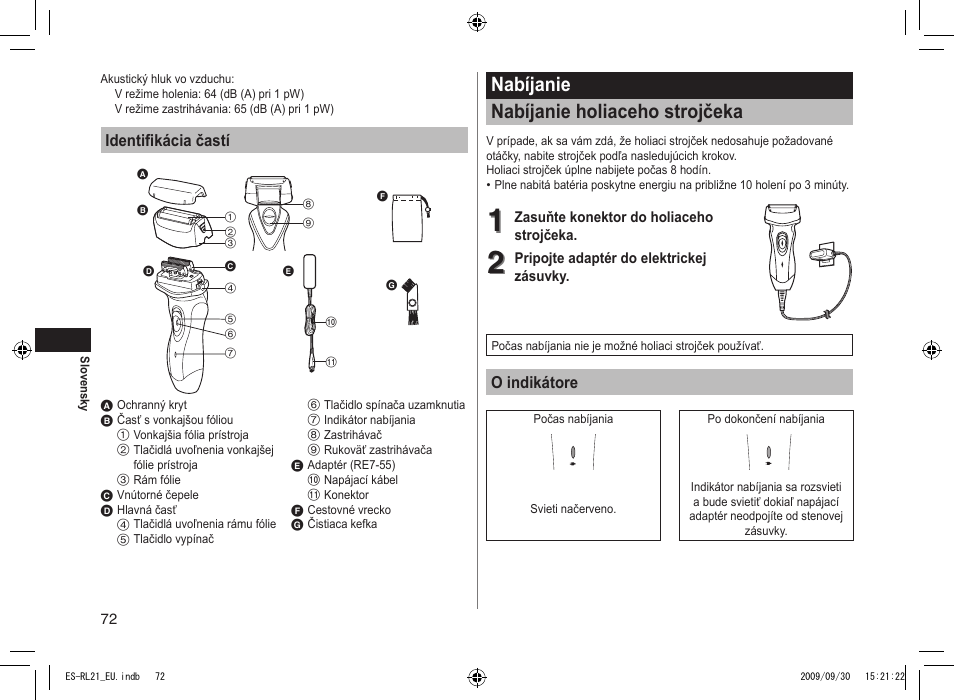 Nabíjanie nabíjanie holiaceho strojčeka | Panasonic ESRL21 User Manual | Page 72 / 92