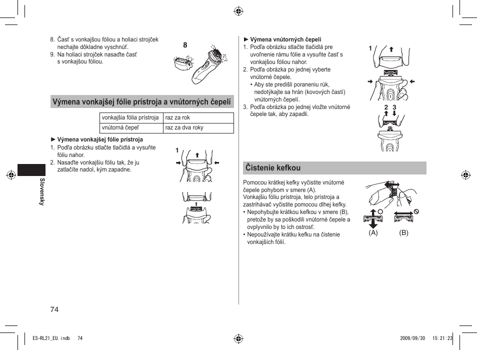 Čistenie kefkou | Panasonic ESRL21 User Manual | Page 74 / 92