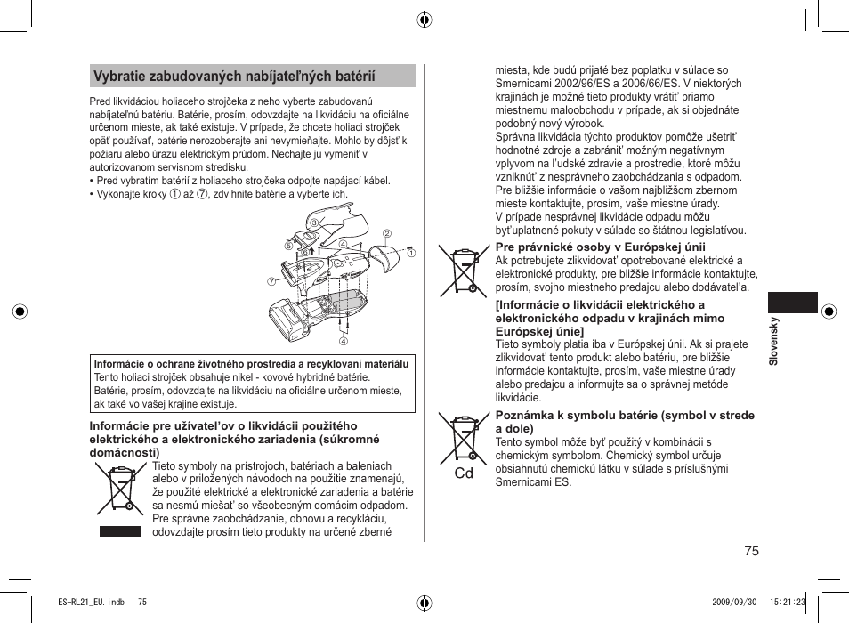 Vybratie zabudovaných nabíjateľných batérií | Panasonic ESRL21 User Manual | Page 75 / 92