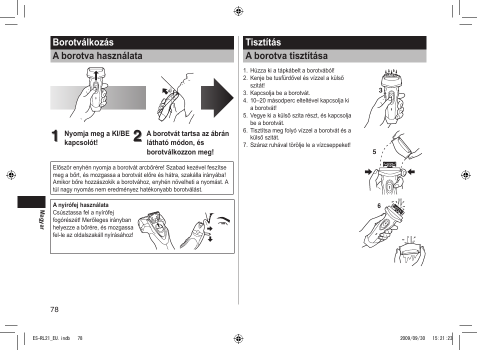 Borotválkozás a borotva használata, Tisztítás a borotva tisztítása | Panasonic ESRL21 User Manual | Page 78 / 92