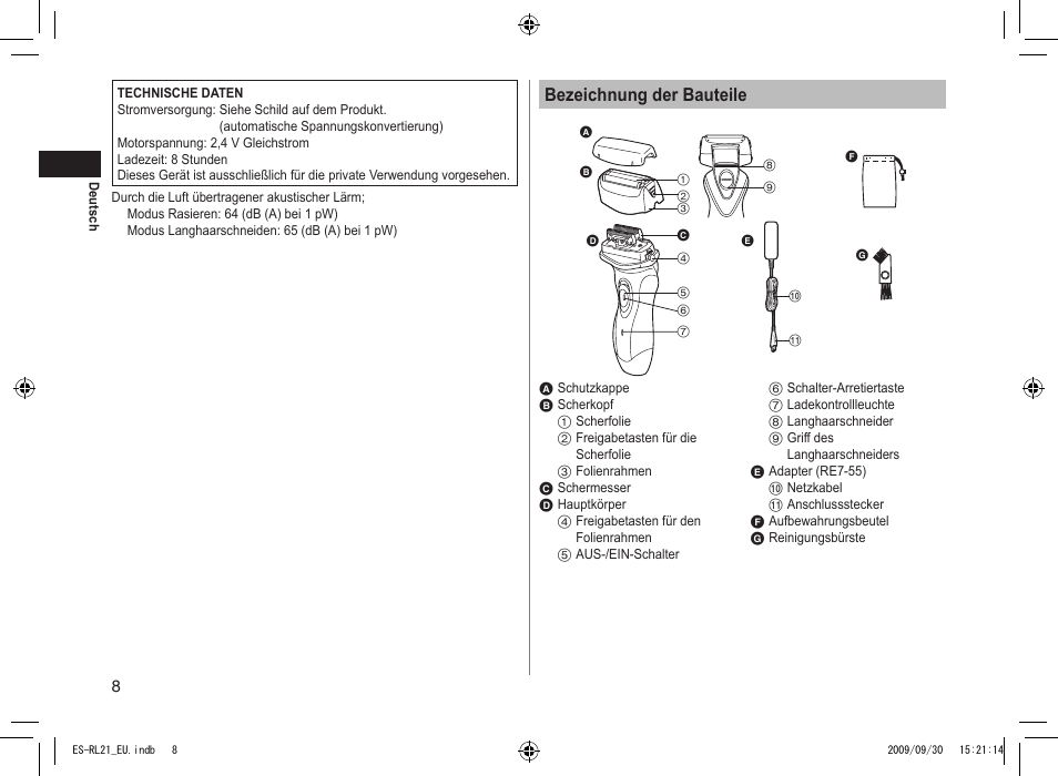 Bezeichnung der bauteile | Panasonic ESRL21 User Manual | Page 8 / 92