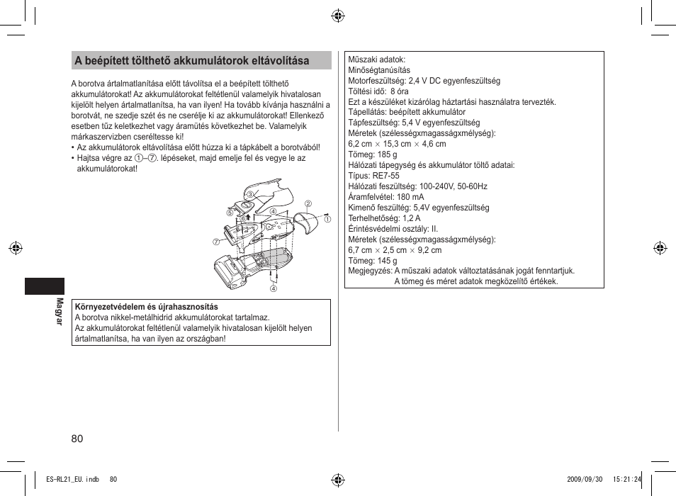 A beépített tölthető akkumulátorok eltávolítása | Panasonic ESRL21 User Manual | Page 80 / 92