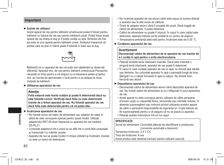 Important | Panasonic ESRL21 User Manual | Page 82 / 92