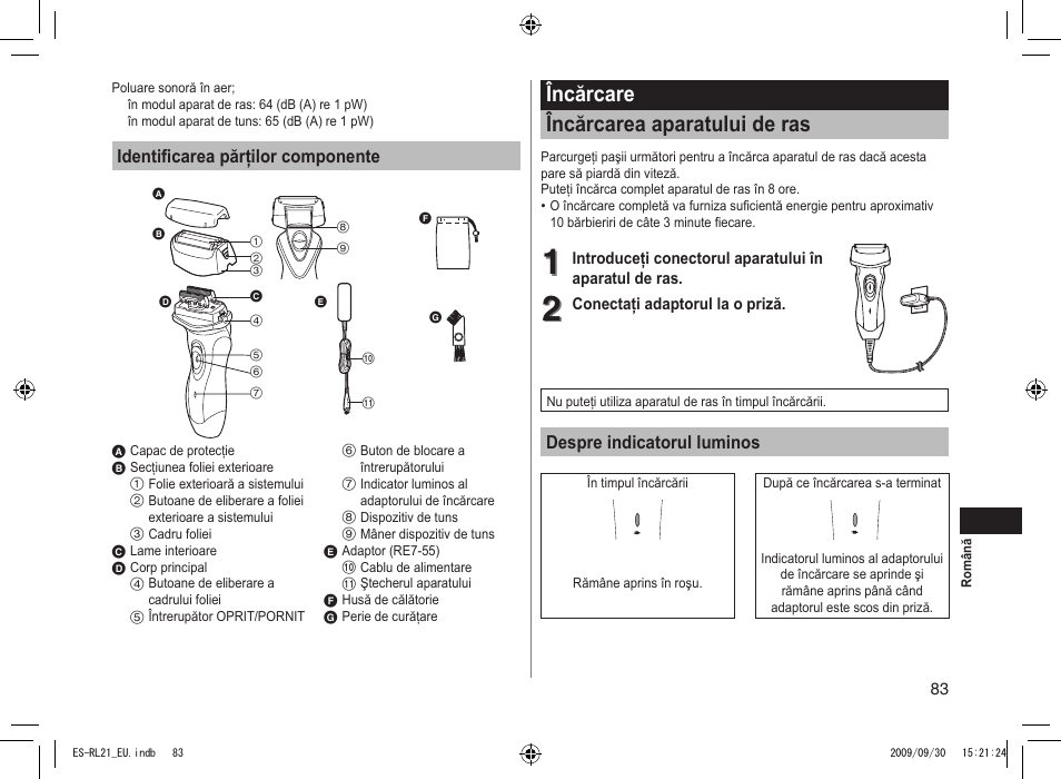 Încărcare încărcarea aparatului de ras | Panasonic ESRL21 User Manual | Page 83 / 92