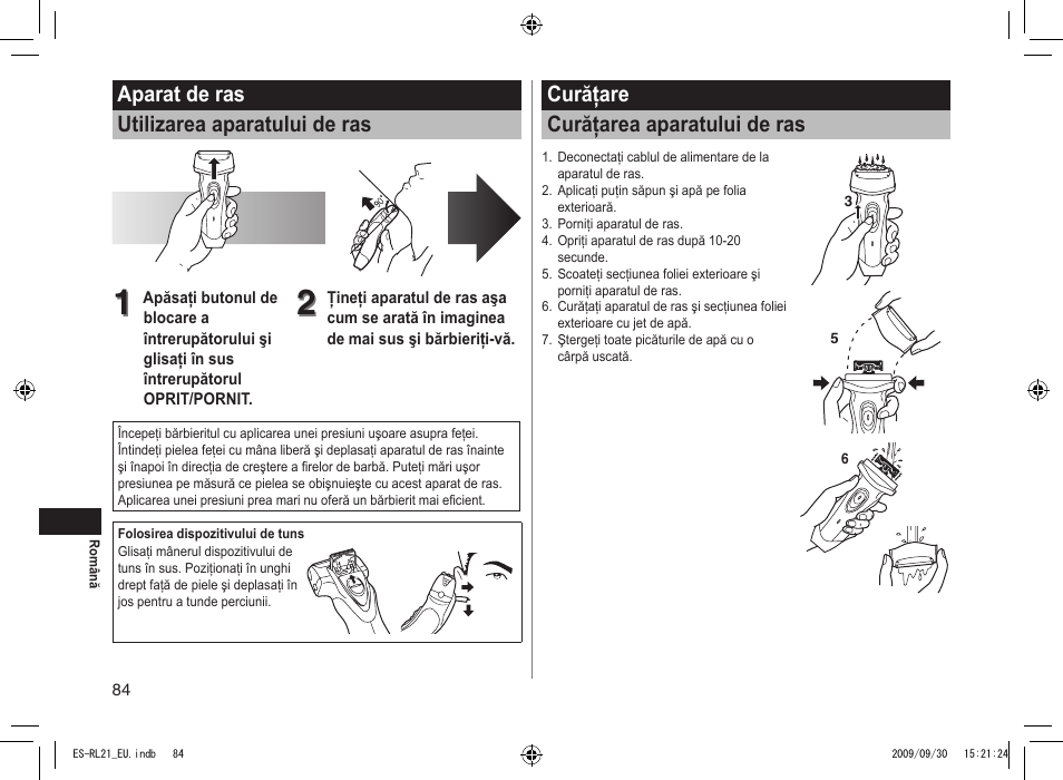 Aparat de ras utilizarea aparatului de ras, Curăţare curăţarea aparatului de ras | Panasonic ESRL21 User Manual | Page 84 / 92