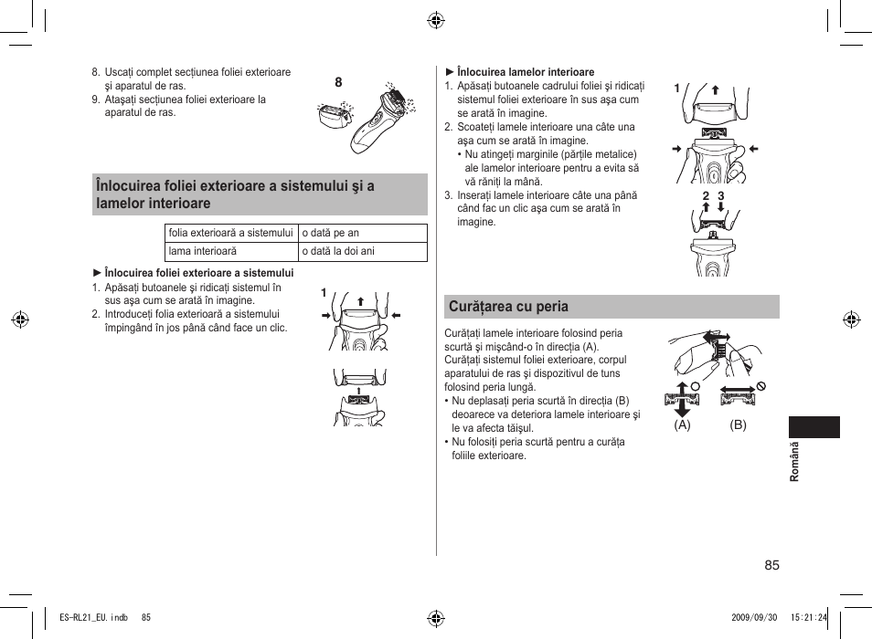 Curăţarea cu peria | Panasonic ESRL21 User Manual | Page 85 / 92