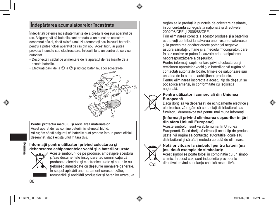 Îndepărtarea acumulatoarelor încastrate | Panasonic ESRL21 User Manual | Page 86 / 92