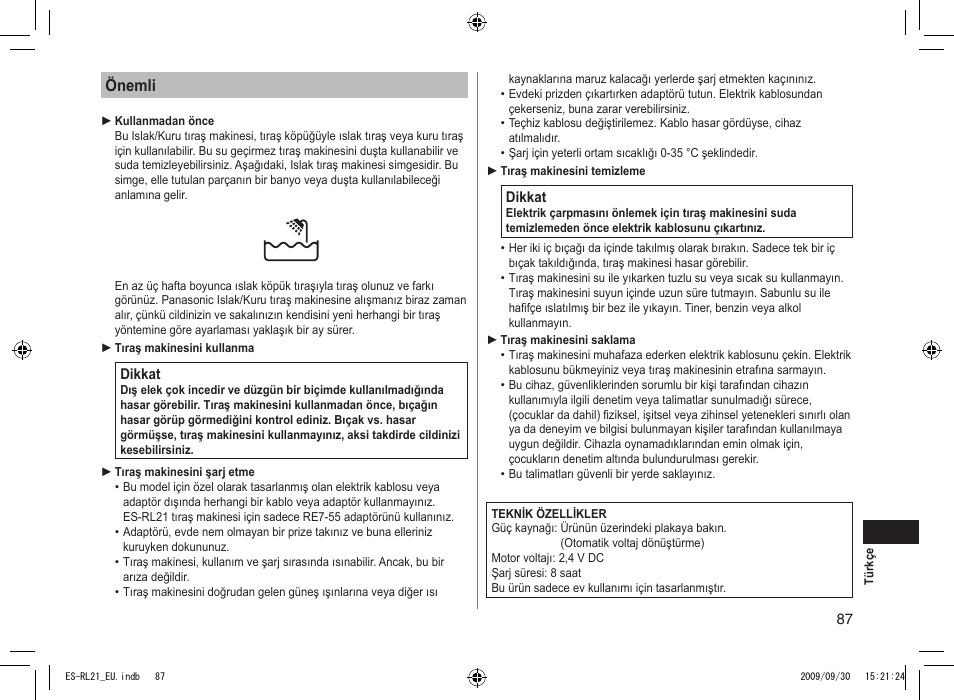 Önemli | Panasonic ESRL21 User Manual | Page 87 / 92