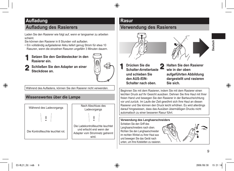 Aufladung aufladung des rasierers, Rasur verwendung des rasierers | Panasonic ESRL21 User Manual | Page 9 / 92