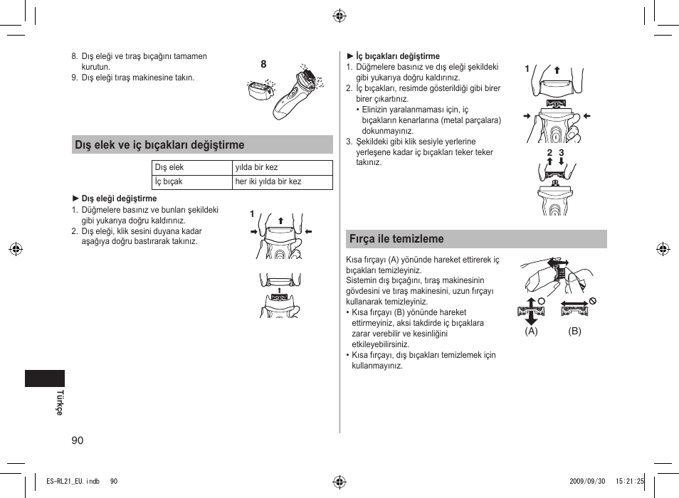 Dış elek ve iç bıçakları değiştirme, Fırça ile temizleme | Panasonic ESRL21 User Manual | Page 90 / 92
