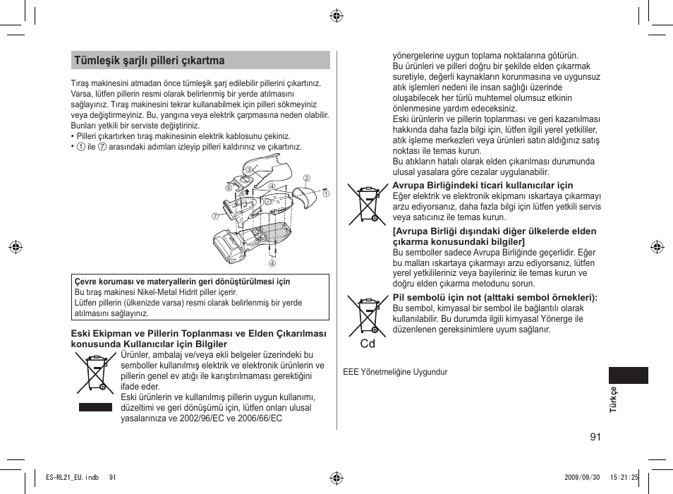 Tümleşik şarjlı pilleri çıkartma | Panasonic ESRL21 User Manual | Page 91 / 92