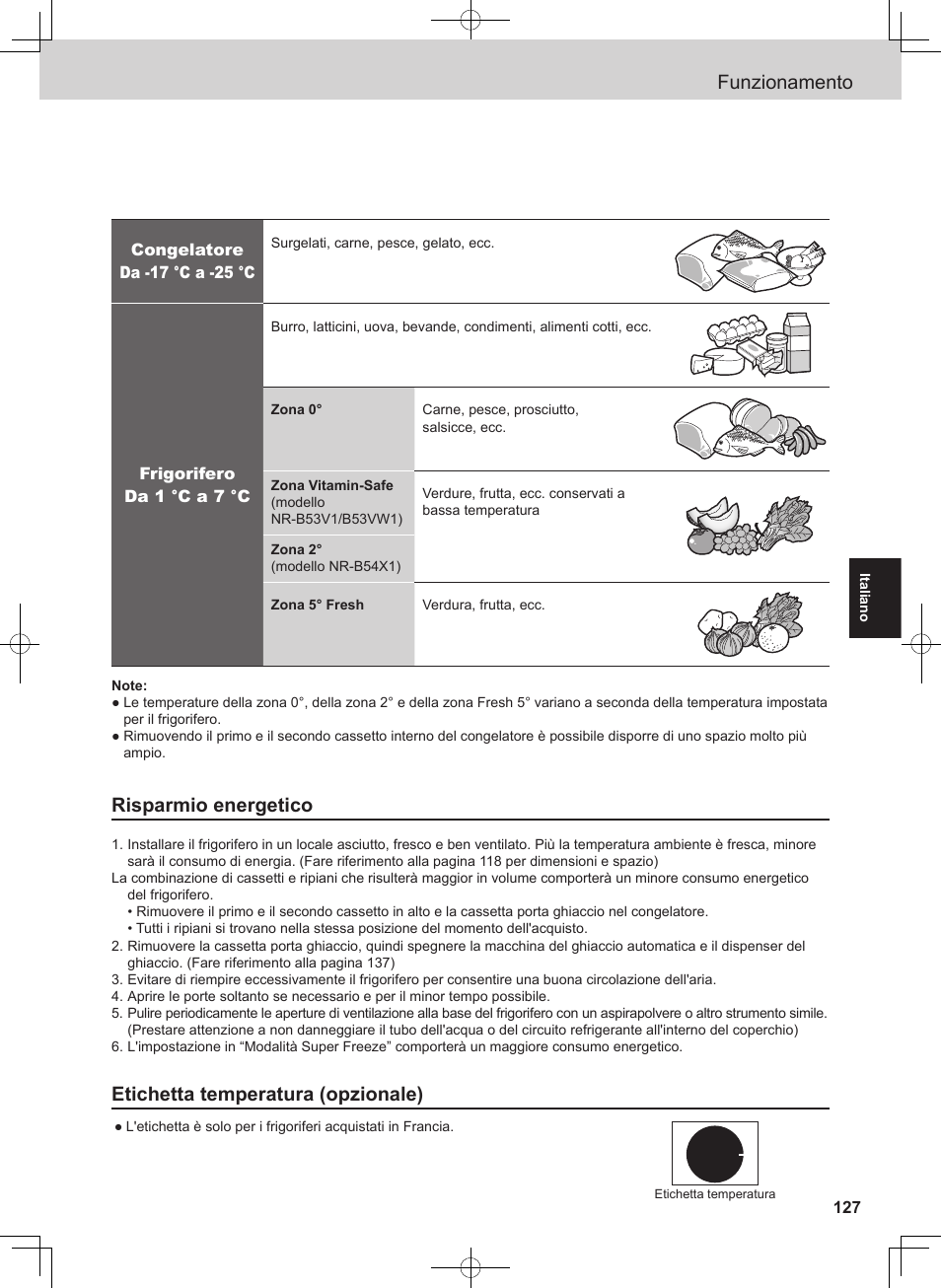 Funzionamento, Risparmio energetico, Etichetta temperatura (opzionale) | Panasonic NRB54X1 User Manual | Page 15 / 31
