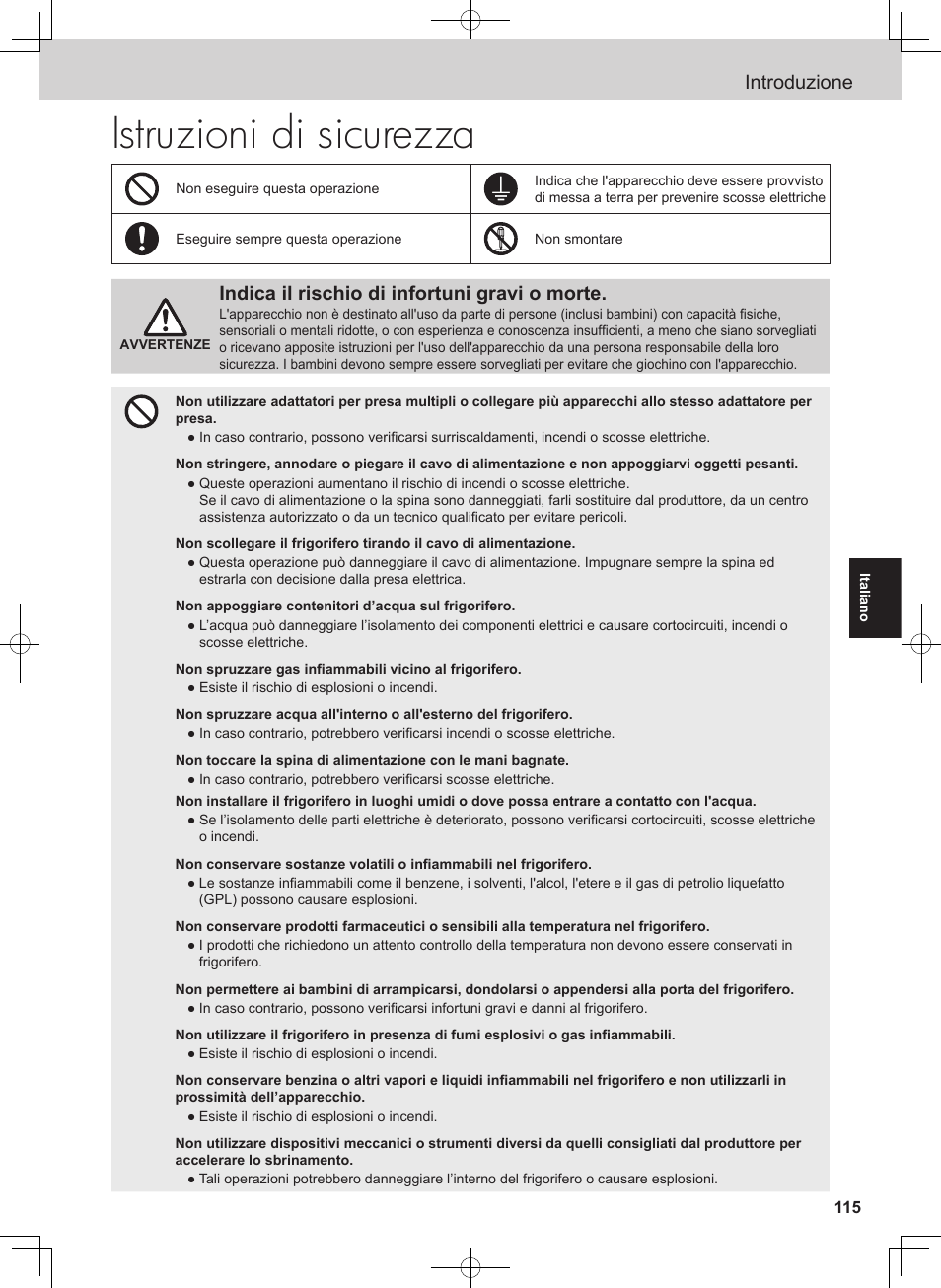 Istruzioni di sicurezza, Introduzione, Indica il rischio di infortuni gravi o morte | Panasonic NRB54X1 User Manual | Page 3 / 31