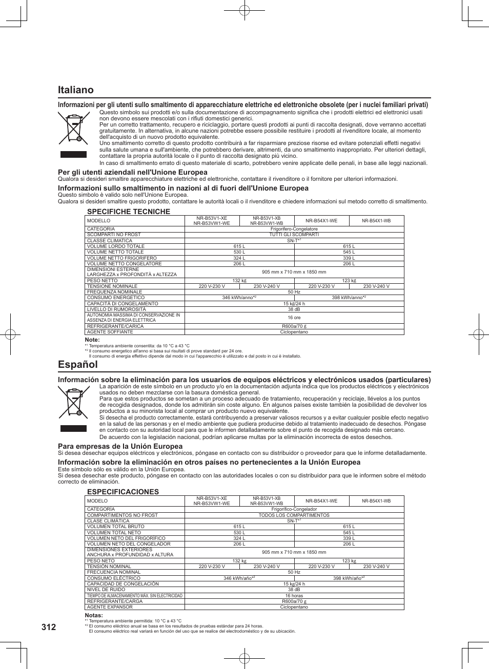 Italiano, Español, Per gli utenti aziendali nell'unione europea | Specifiche tecniche, Para empresas de la unión europea, Especificaciones | Panasonic NRB54X1 User Manual | Page 30 / 31