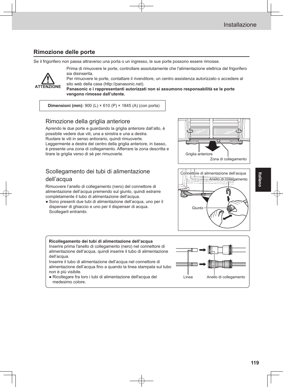Installazione, Rimozione delle porte, Rimozione della griglia anteriore | Scollegamento dei tubi di alimentazione dell’acqua | Panasonic NRB54X1 User Manual | Page 7 / 31