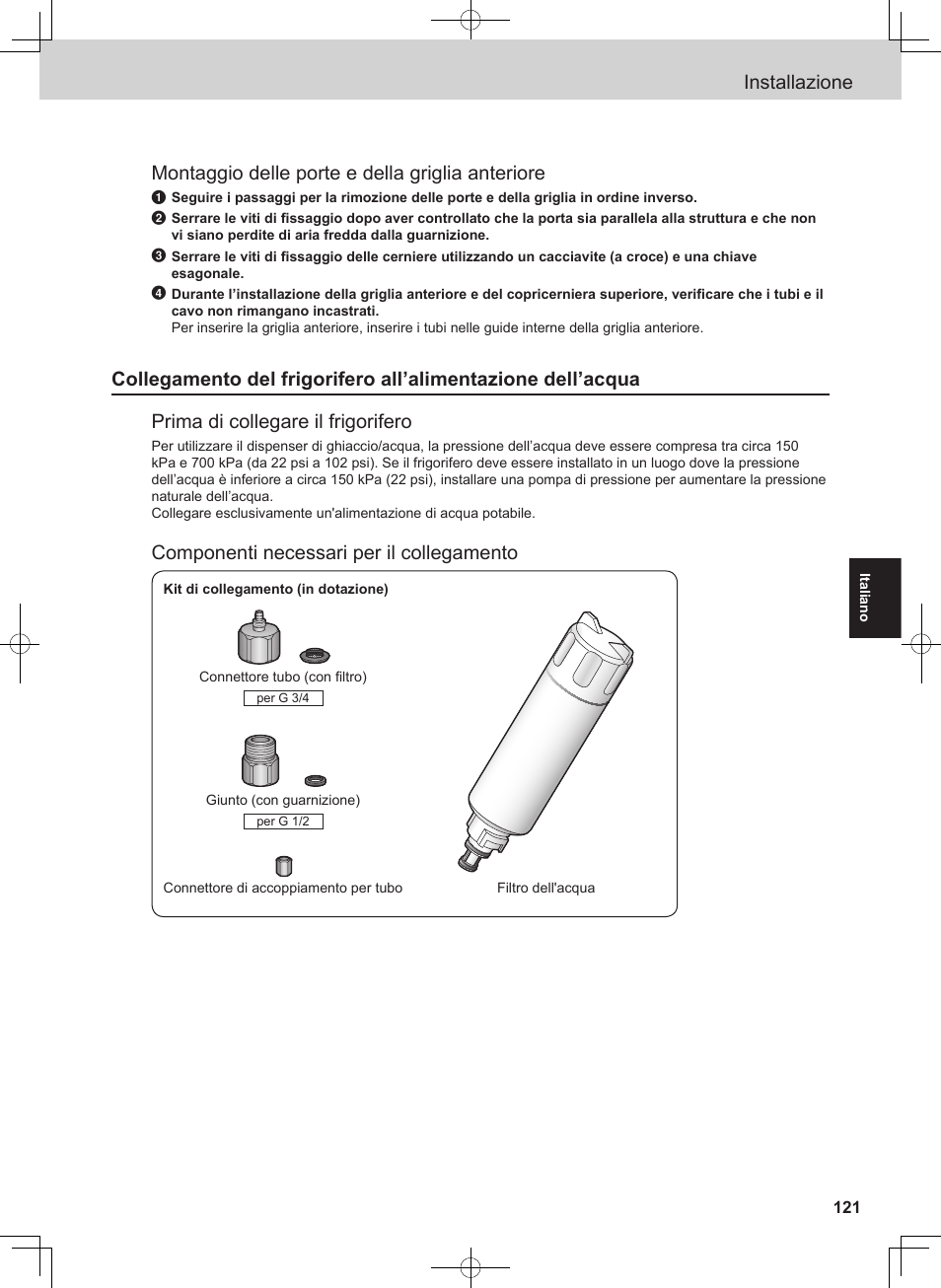 Installazione, Montaggio delle porte e della griglia anteriore, Componenti necessari per il collegamento | Panasonic NRB54X1 User Manual | Page 9 / 31