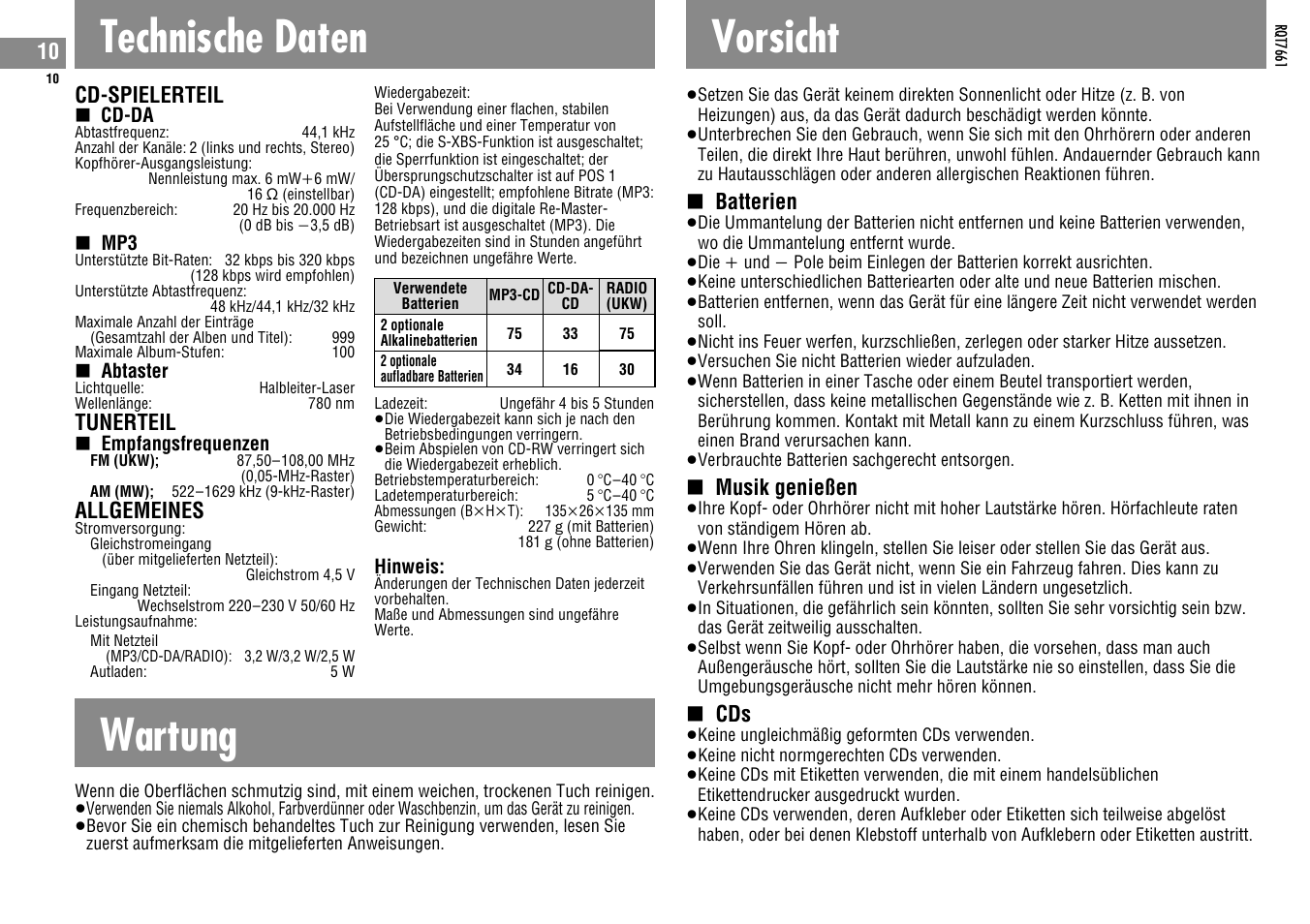 Technische daten, Wartung, Vorsicht | Cd-spielerteil, Tunerteil, Allgemeines, Batterien, Musik genießen | Panasonic SLSK574V User Manual | Page 10 / 112