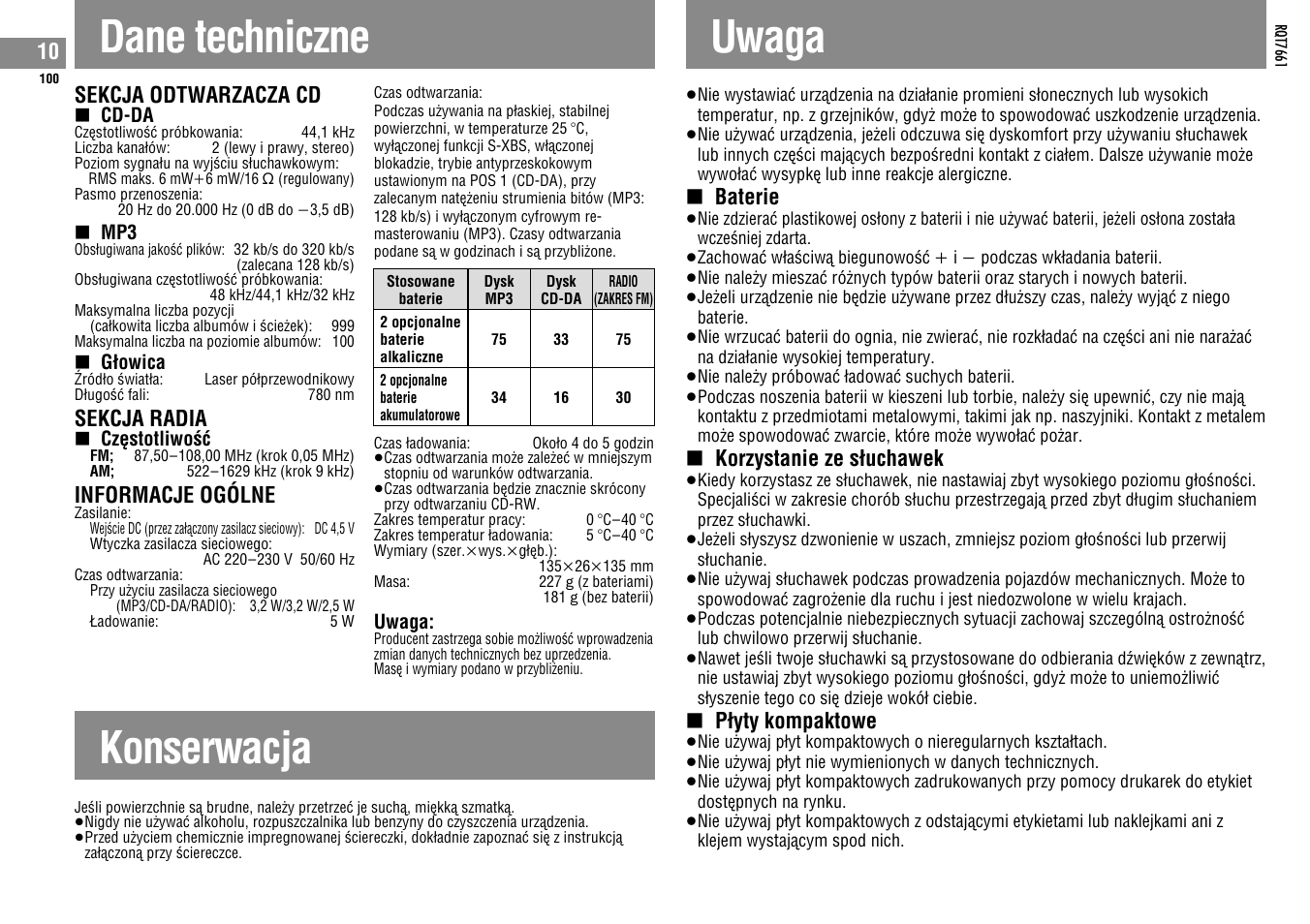 Dane techniczne, Konserwacja, Uwaga | Baterie, Korzystanie ze sìuchawek, Pìyty kompaktowe, Sekcja odtwarzacza cd, Sekcja radia, Informacje ogólne | Panasonic SLSK574V User Manual | Page 100 / 112