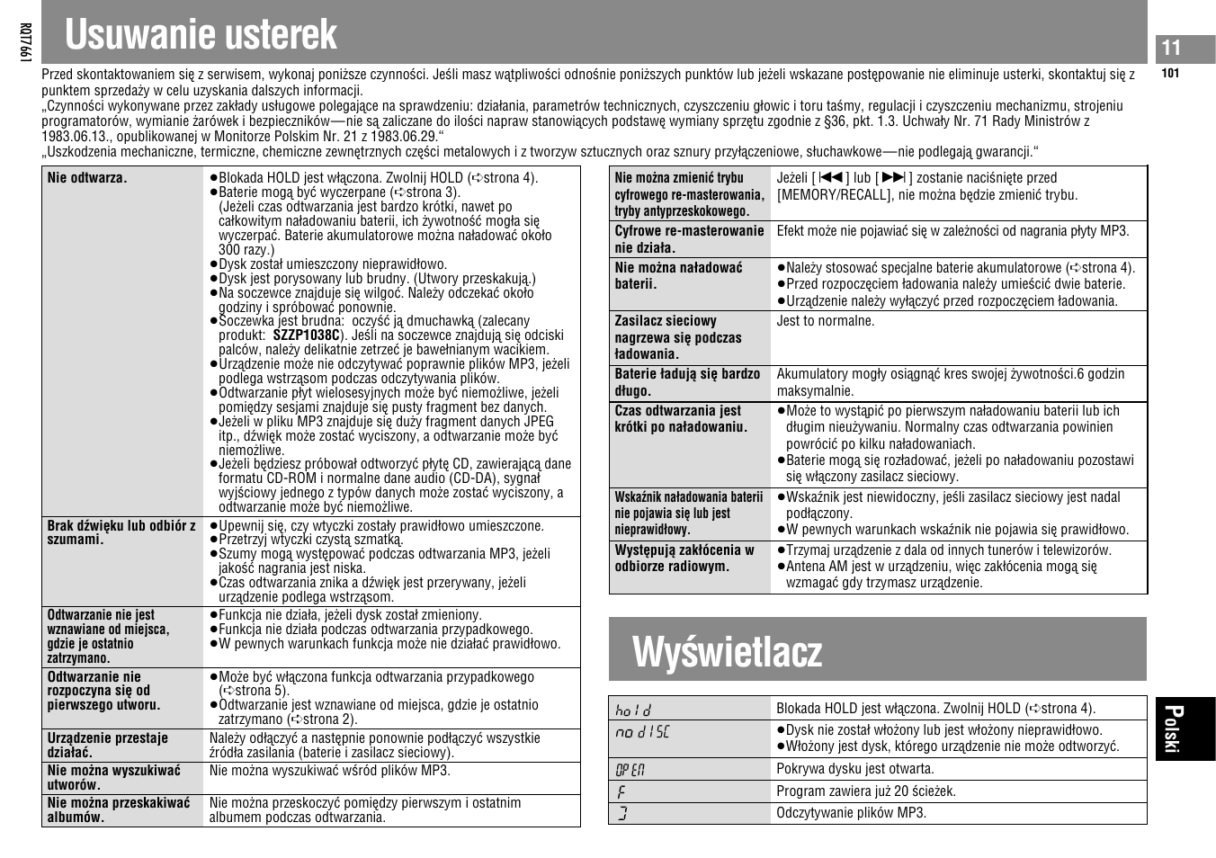 Usuwanie usterek, Wyøwietlacz | Panasonic SLSK574V User Manual | Page 101 / 112