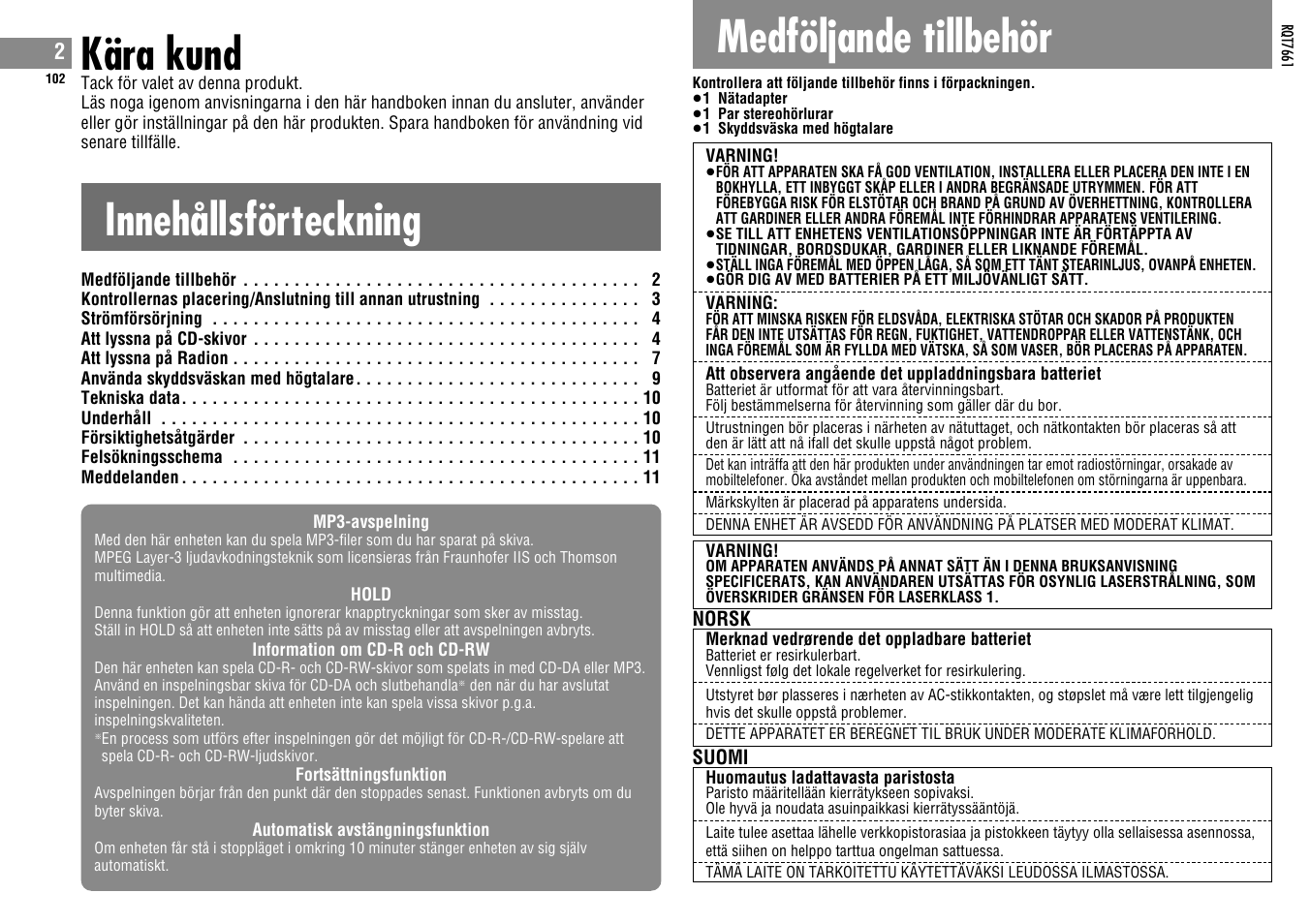 Kära kund, Innehållsförteckning, Medföljande tillbehör | Panasonic SLSK574V User Manual | Page 102 / 112