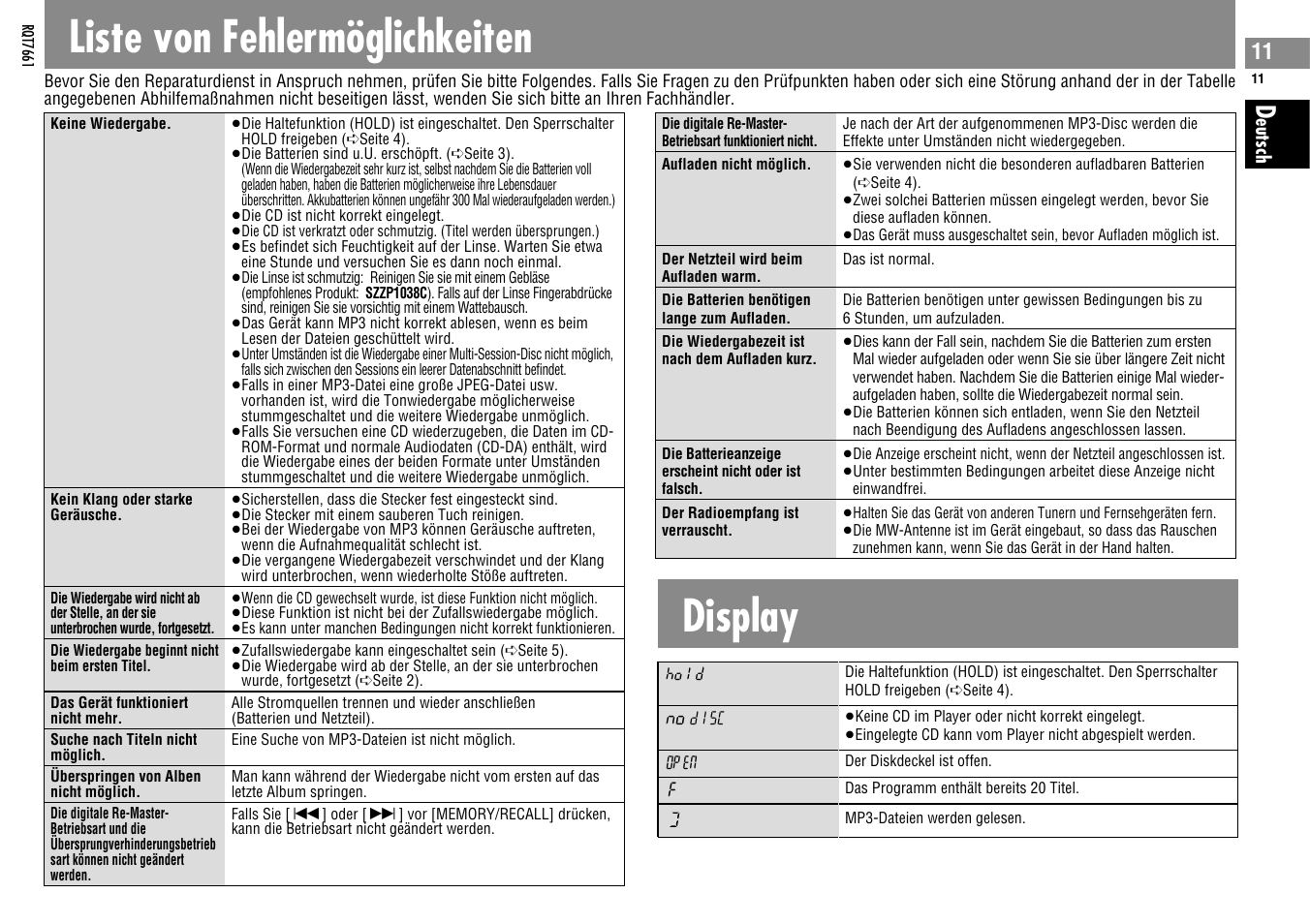 Liste von fehlermöglichkeiten, Display | Panasonic SLSK574V User Manual | Page 11 / 112