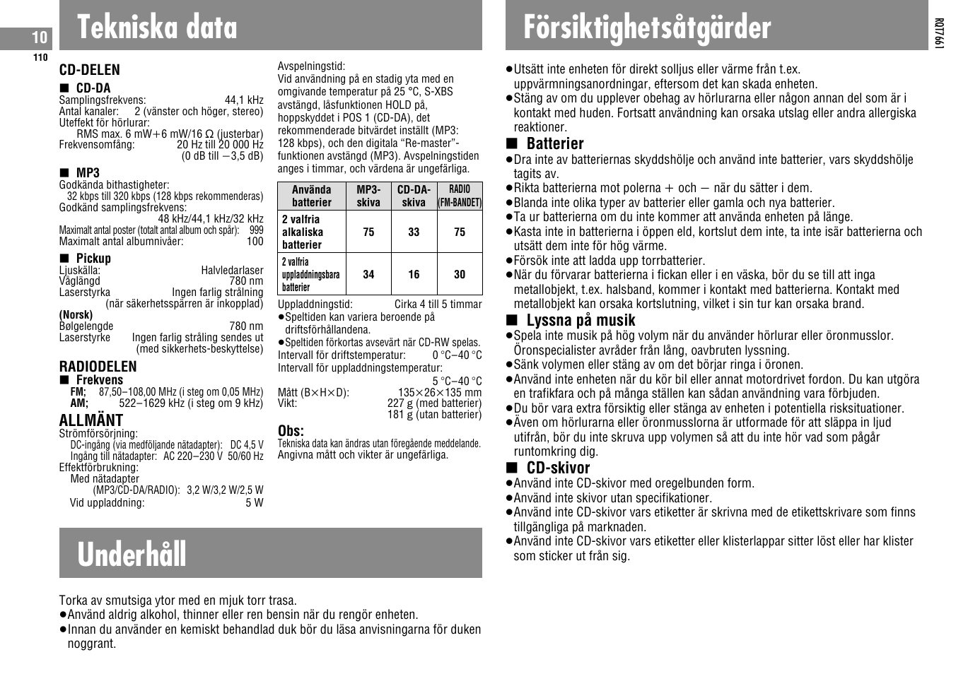 Tekniska data, Försiktighetsåtgärder, Underhåll | Allmänt, Batterier, Lyssna på musik, Cd-skivor | Panasonic SLSK574V User Manual | Page 110 / 112