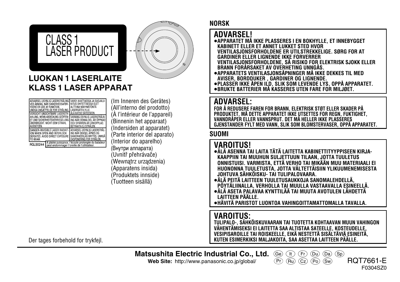 Class 1 laser product, Advarsel, Luokan 1 laserlaite klass 1 laser apparat | Varoitus | Panasonic SLSK574V User Manual | Page 112 / 112