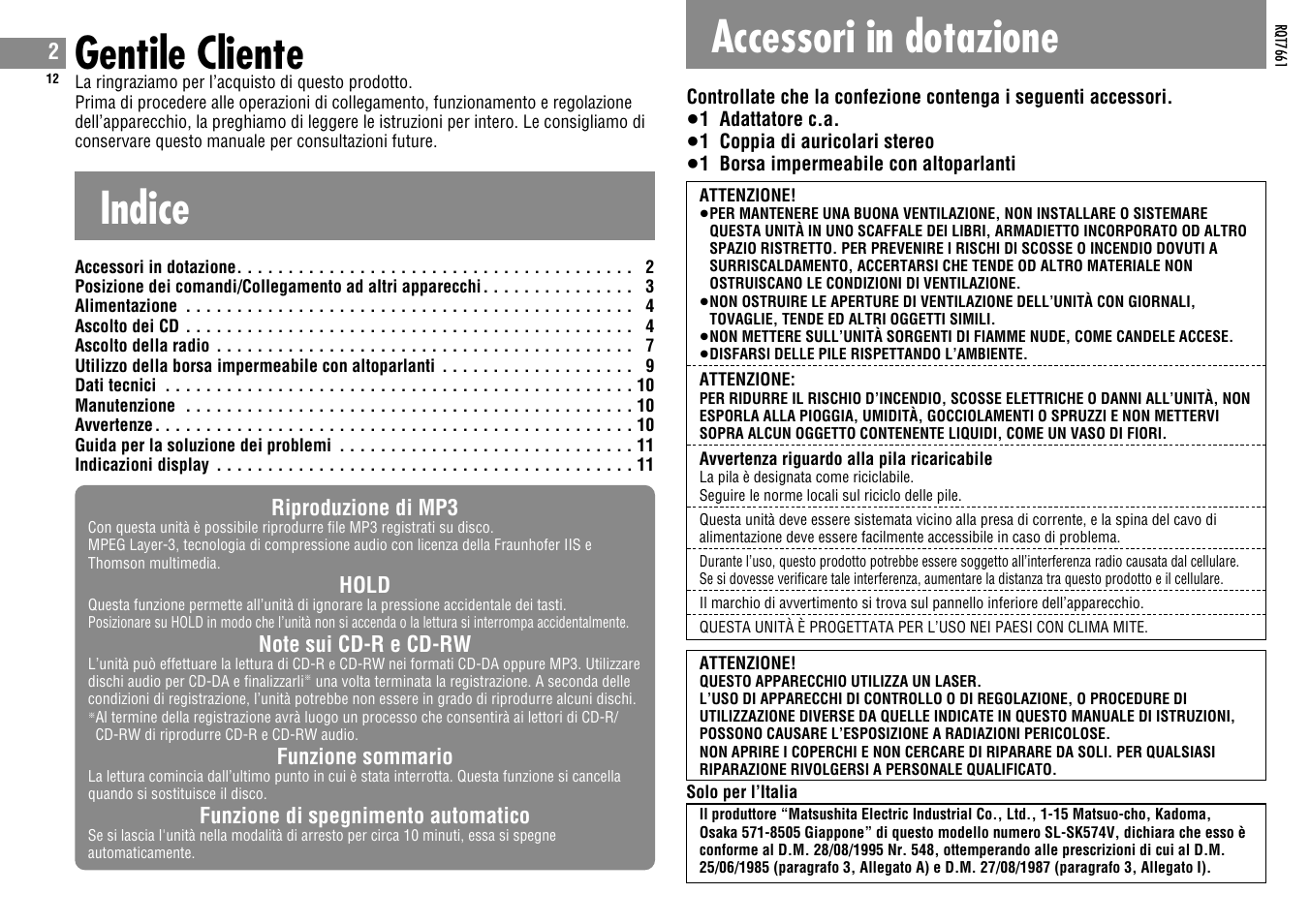 Gentile cliente, Indice, Accessori in dotazione | Panasonic SLSK574V User Manual | Page 12 / 112