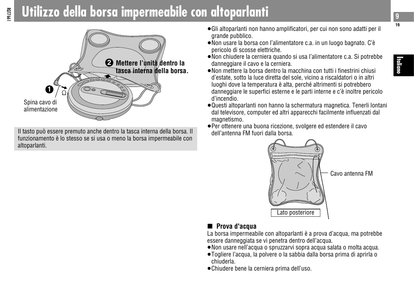 Utilizzo della borsa impermeabile con altoparlanti | Panasonic SLSK574V User Manual | Page 19 / 112