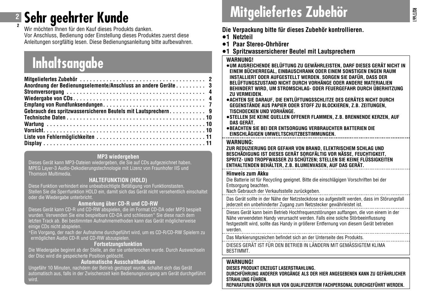 Sehr geehrter kunde, Inhaltsangabe, Mitgeliefertes zubehör | Panasonic SLSK574V User Manual | Page 2 / 112