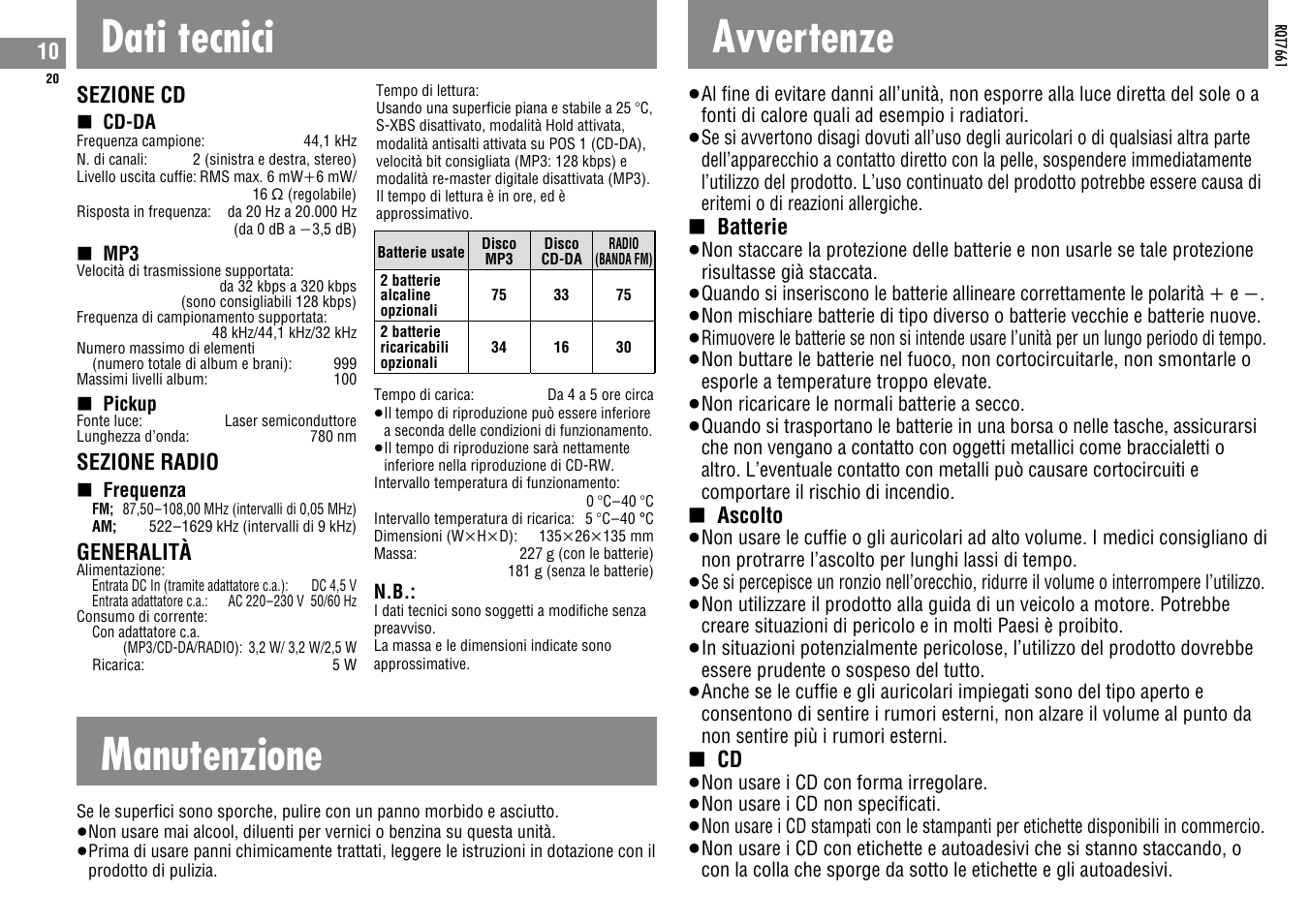 Dati tecnici, Manutenzione, Avvertenze | Panasonic SLSK574V User Manual | Page 20 / 112