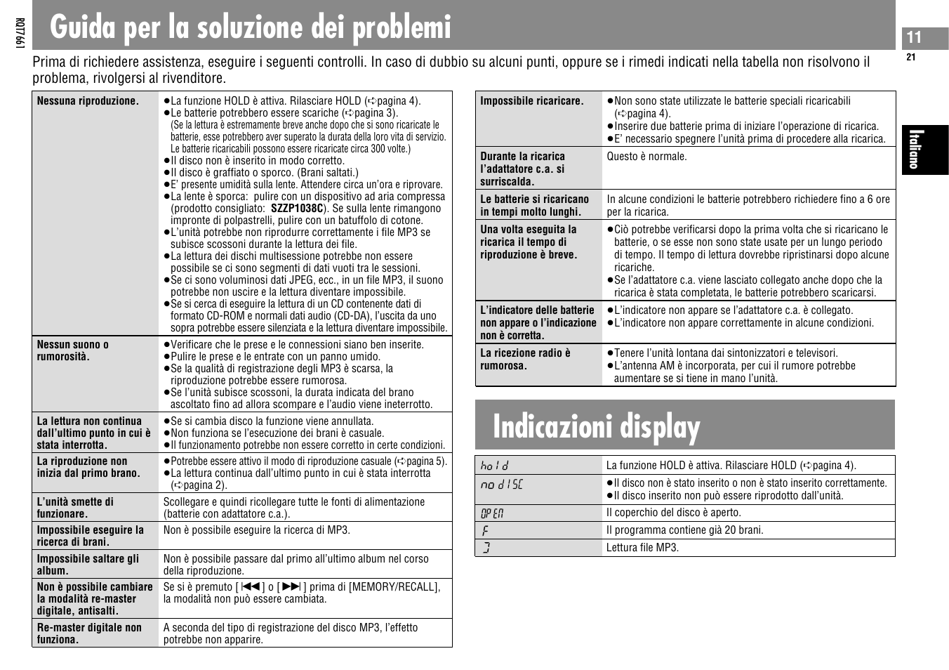 Guida per la soluzione dei problemi, Indicazioni display | Panasonic SLSK574V User Manual | Page 21 / 112