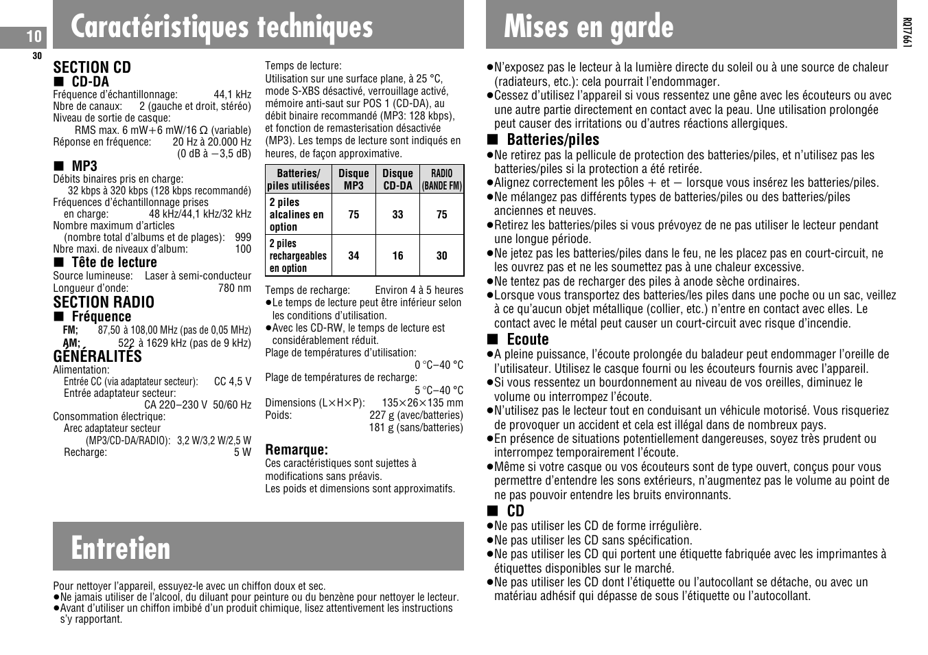 Caractéristiques techniques, Mises en garde, Entretien | Généralités, Batteries/piles, Ecoute | Panasonic SLSK574V User Manual | Page 30 / 112
