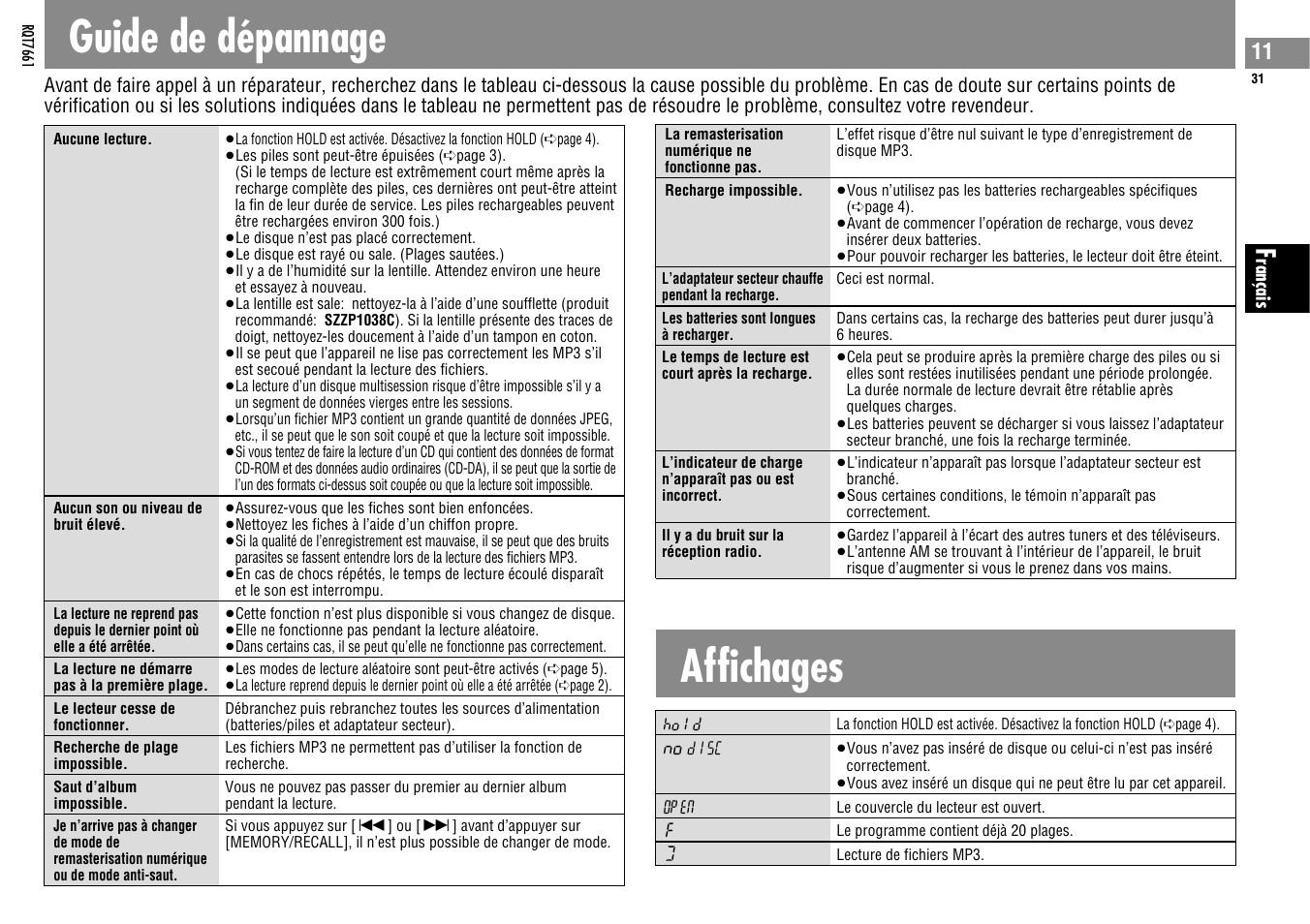 Guide de dépannage, Affichages | Panasonic SLSK574V User Manual | Page 31 / 112