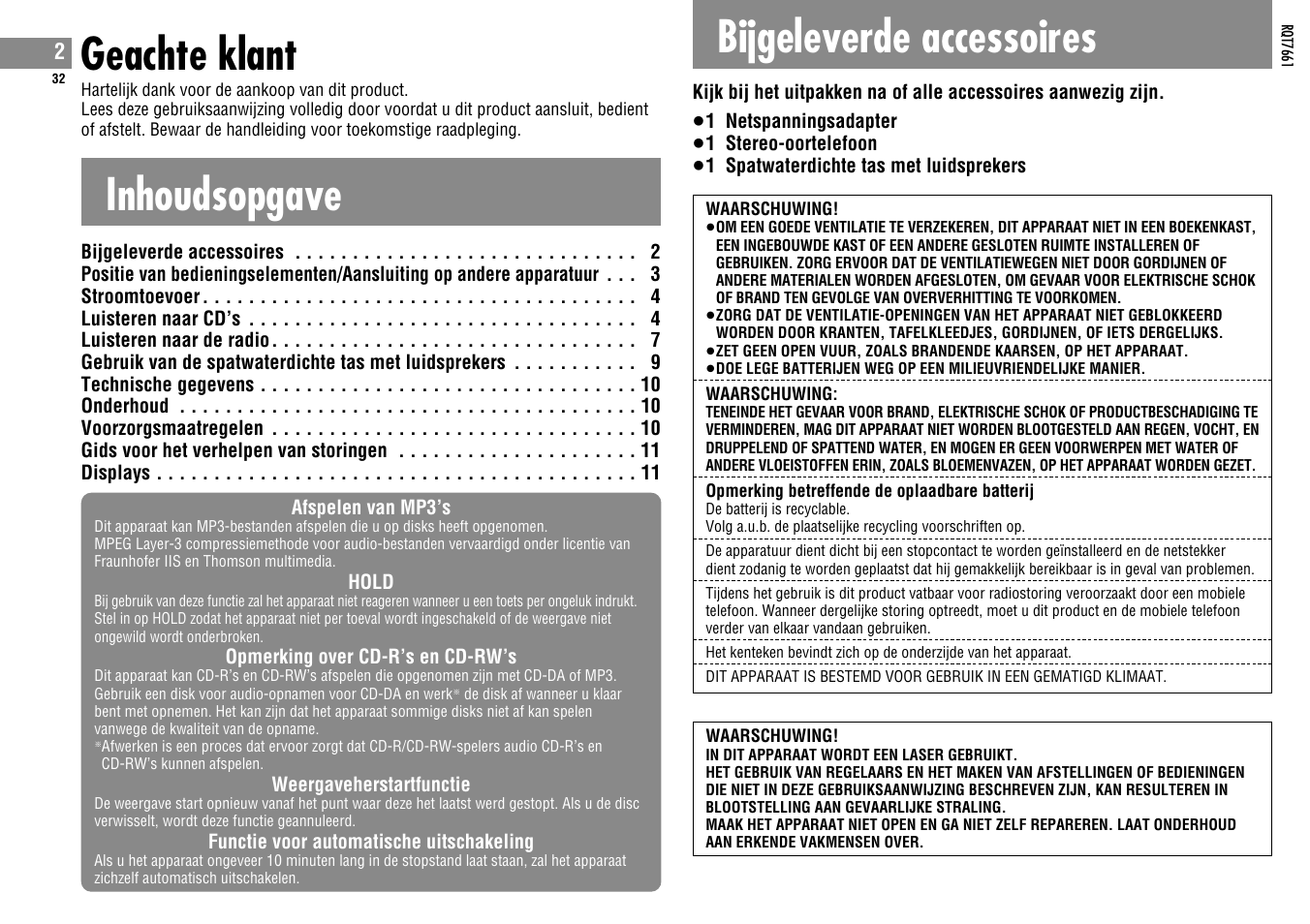 Geachte klant, Inhoudsopgave, Bijgeleverde accessoires | Panasonic SLSK574V User Manual | Page 32 / 112