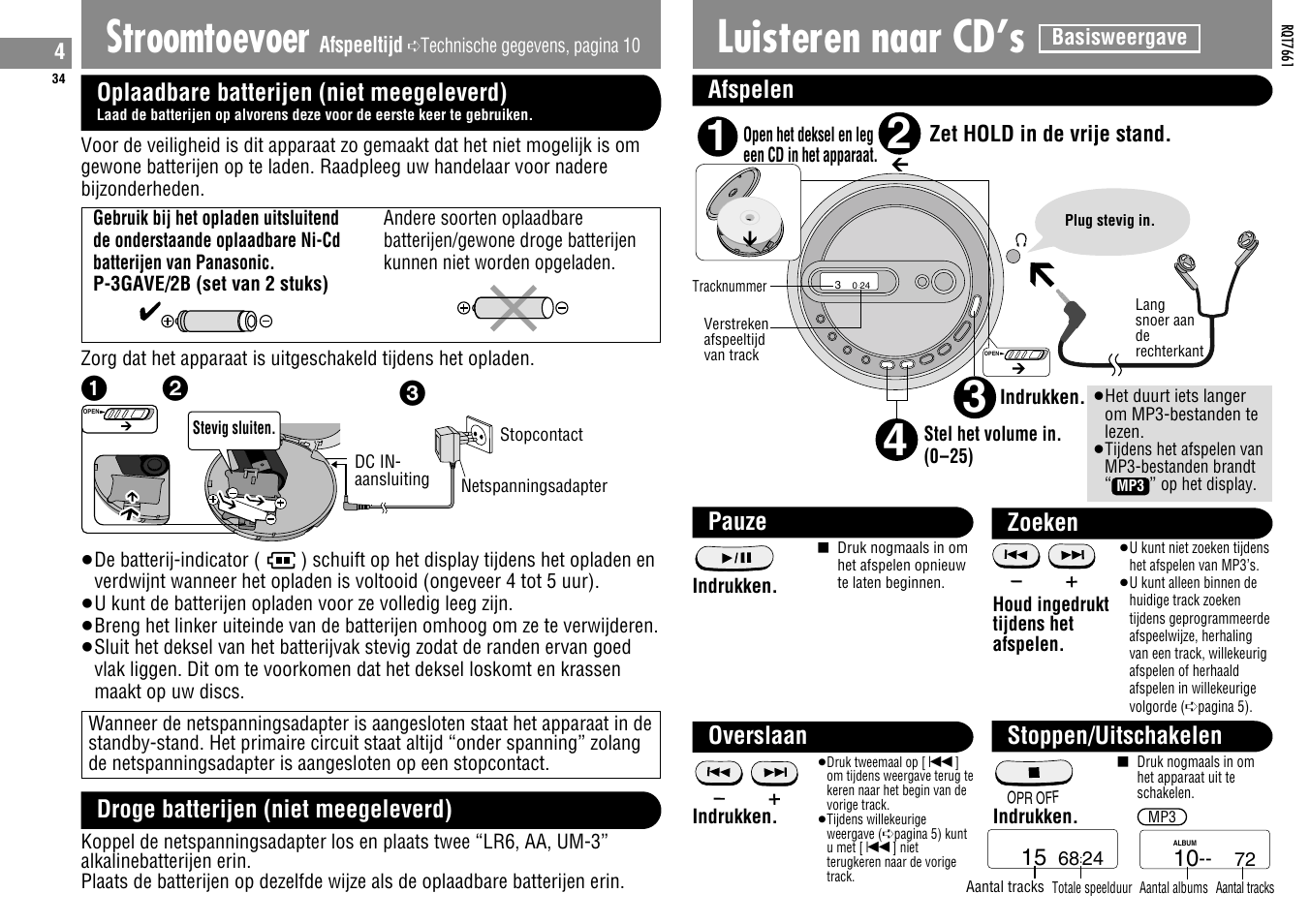 Stroomtoevoer, Luisteren naar cd’s | Panasonic SLSK574V User Manual | Page 34 / 112